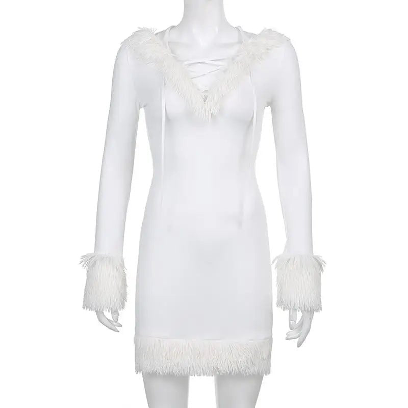 Long Sleeve White Fur Trimmed Sweater Dress for Cozy Winter Style - Cosparty