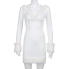 Long Sleeve White Fur Trimmed Sweater Dress for Cozy Winter Style - Cosparty