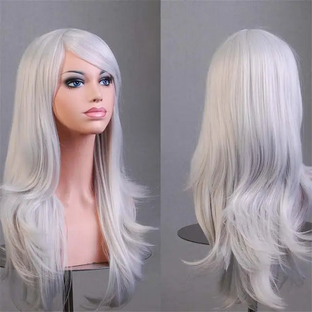 Long Solid Color Cosplay Wig with Face-Framing Fringe - Silver Grey - Wig