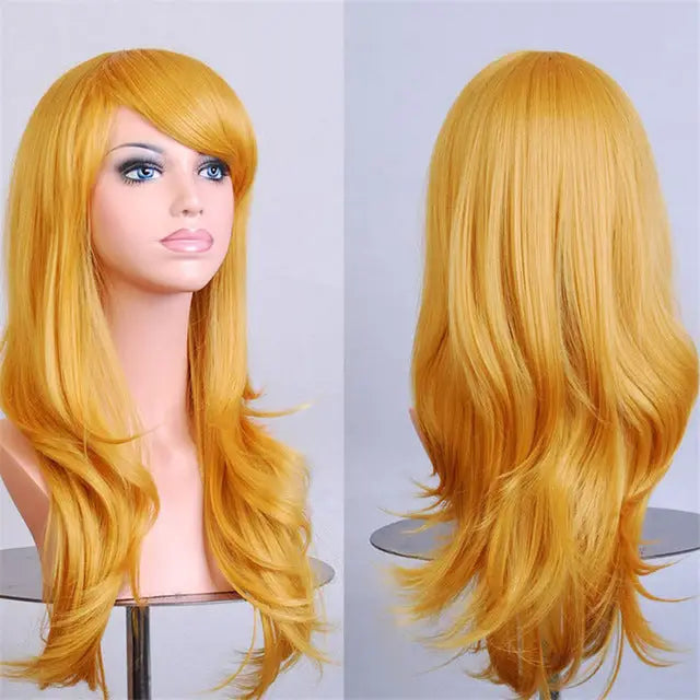 Long Solid Color Cosplay Wig with Face-Framing Fringe - Yellow - Wig