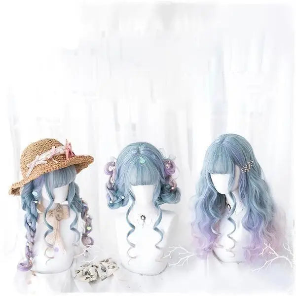 Long Wavy Lolita Wig in Blue Purple Ombre with Fringe - wig