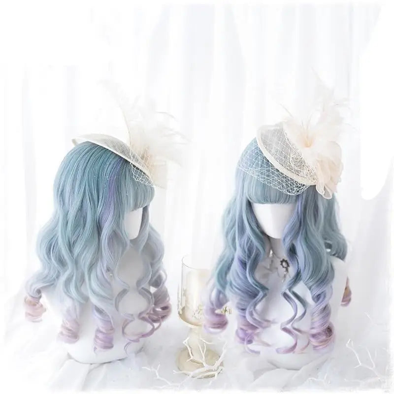 Long Wavy Lolita Wig in Blue Purple Ombre with Fringe - wig