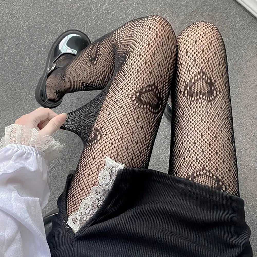Lovecore Fishnets with Heart Embroidery in Black or White - Cosparty