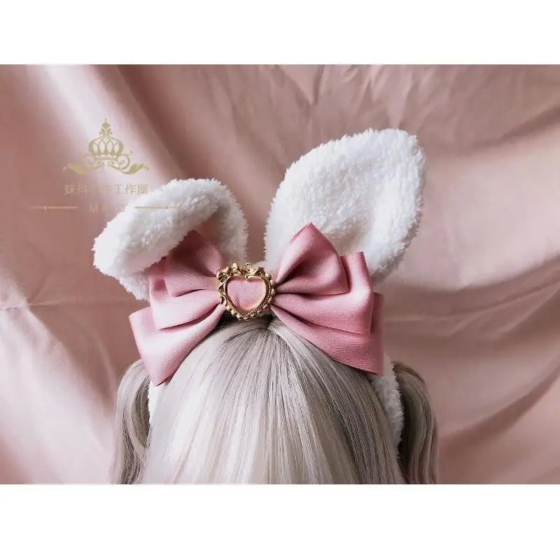 Luxurious Bunny Ears Headband with Satin Ribbons and Jewels - Cosparty
