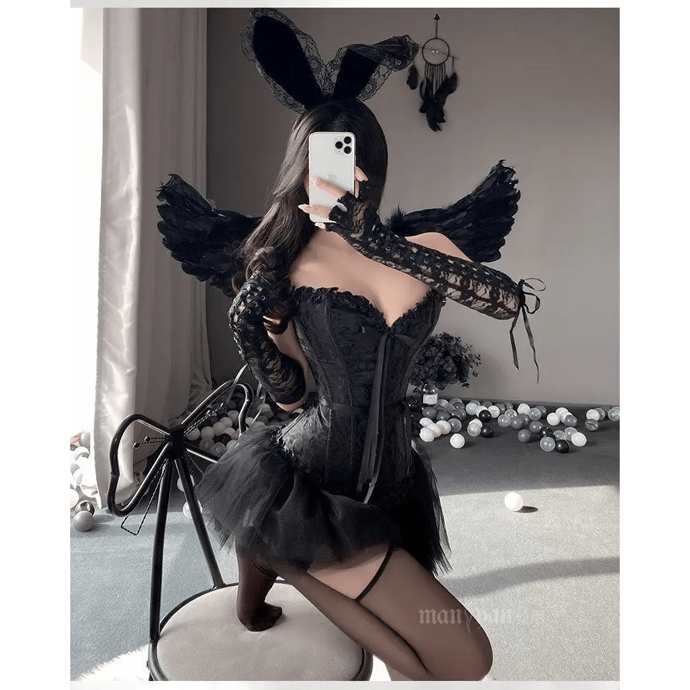 Luxurious Dark Angel Corset Lingerie Set with Tutu and Silk Ribbons - Cosparty
