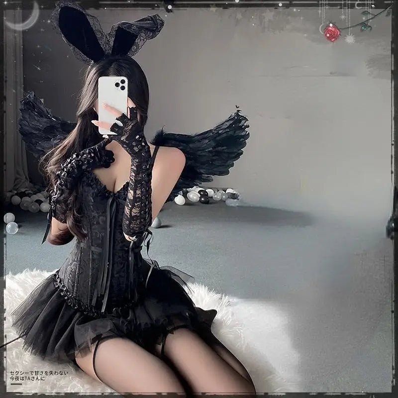 Luxurious Dark Angel Corset Lingerie Set with Tutu and Silk Ribbons - Cosparty