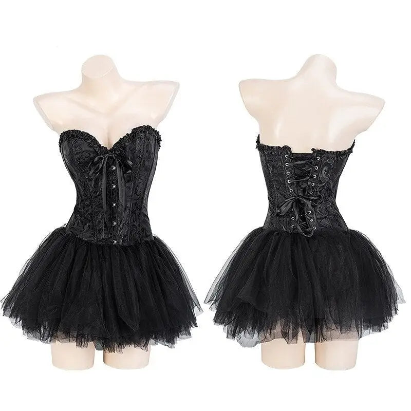 Luxurious Dark Angel Corset Lingerie Set with Tutu and Silk Ribbons - Cosparty