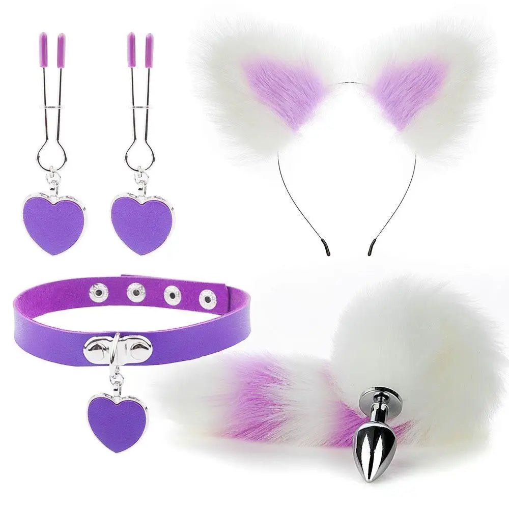 Luxurious Fox Cat Tail Plug Set with Ear Headband and Fuzzy Collar - Cosparty