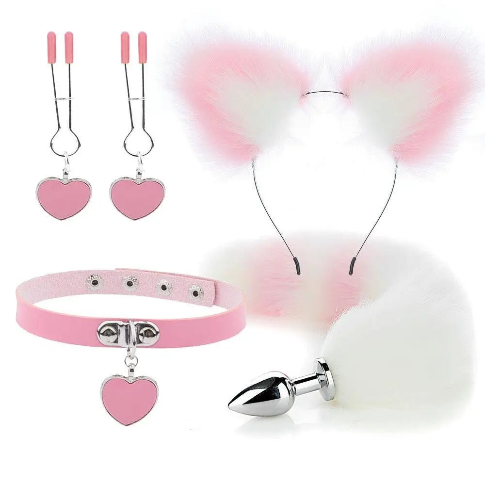 Luxurious Fox Cat Tail Plug Set with Ear Headband and Fuzzy Collar - Cosparty