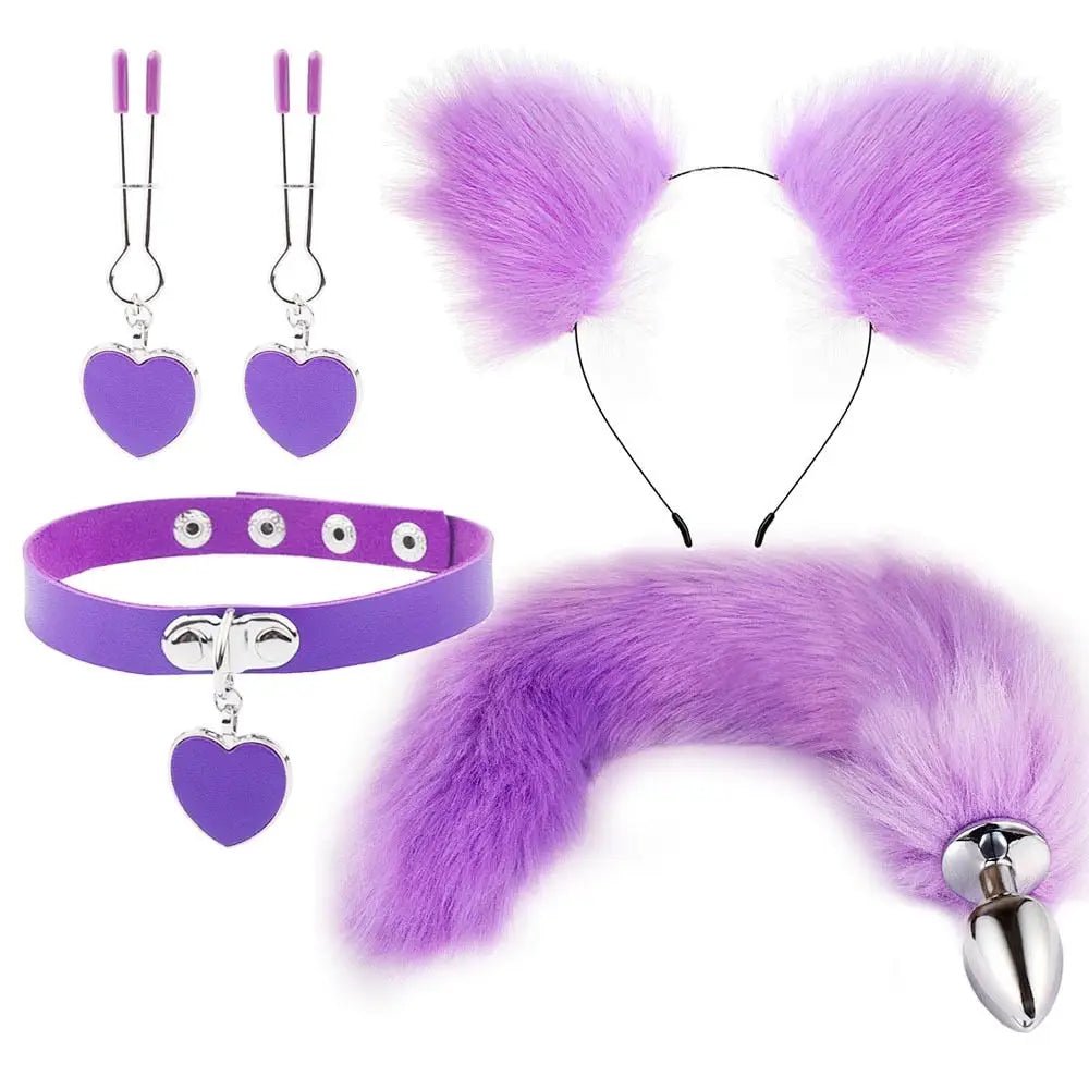 Luxurious Fox Cat Tail Plug Set with Ear Headband and Fuzzy Collar - Cosparty