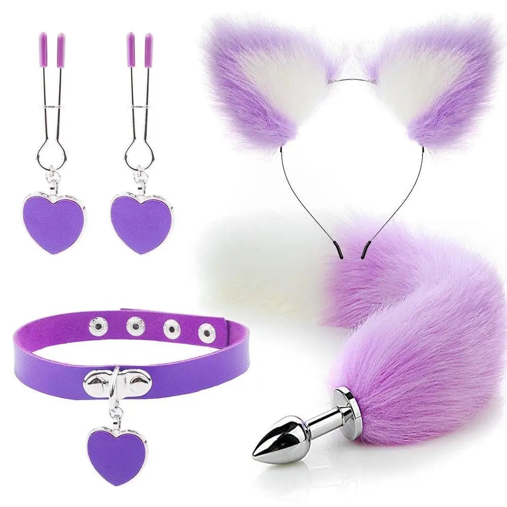 Luxurious Fox Cat Tail Plug Set with Ear Headband and Fuzzy Collar - Cosparty