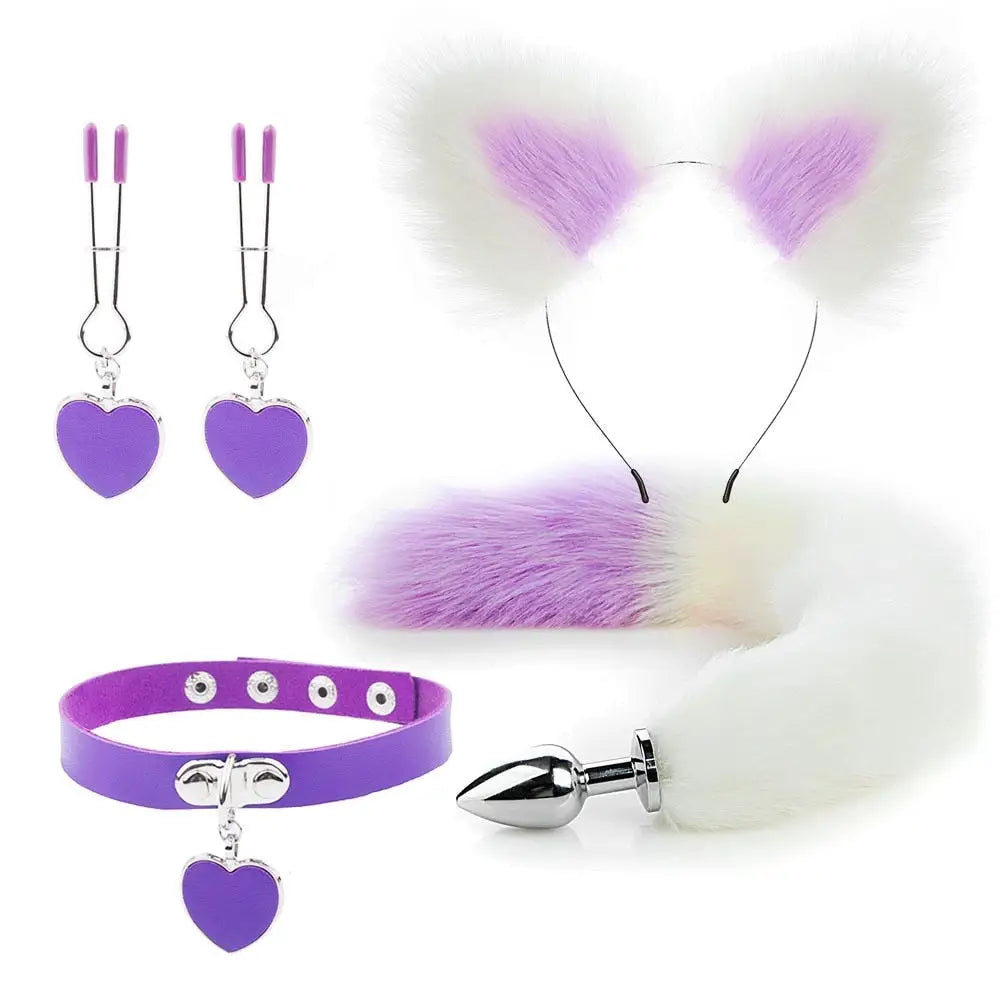 Luxurious Fox Cat Tail Plug Set with Ear Headband and Fuzzy Collar - Costumes