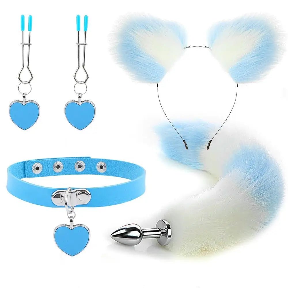 Luxurious Fox Cat Tail Plug Set with Ear Headband and Fuzzy Collar - Cosparty