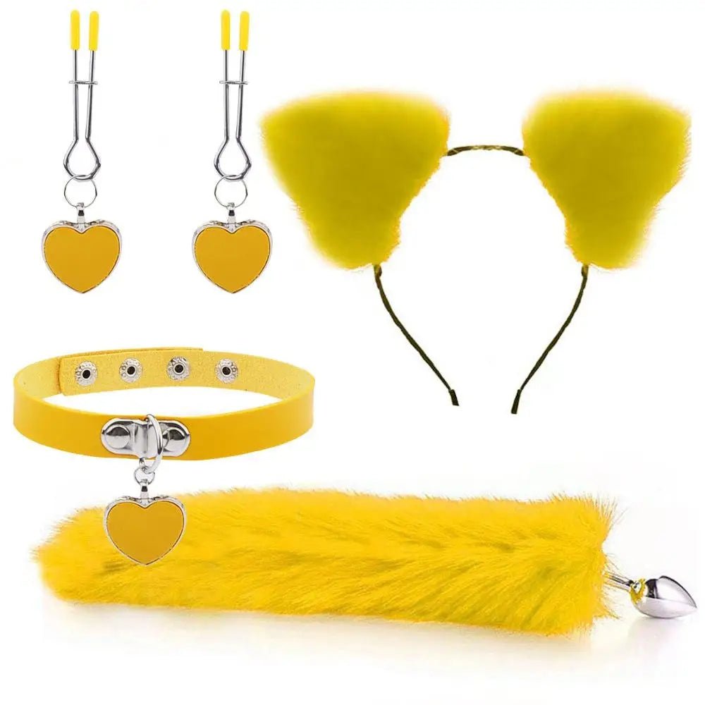 Luxurious Fox Cat Tail Plug Set with Ear Headband and Fuzzy Collar - Cosparty