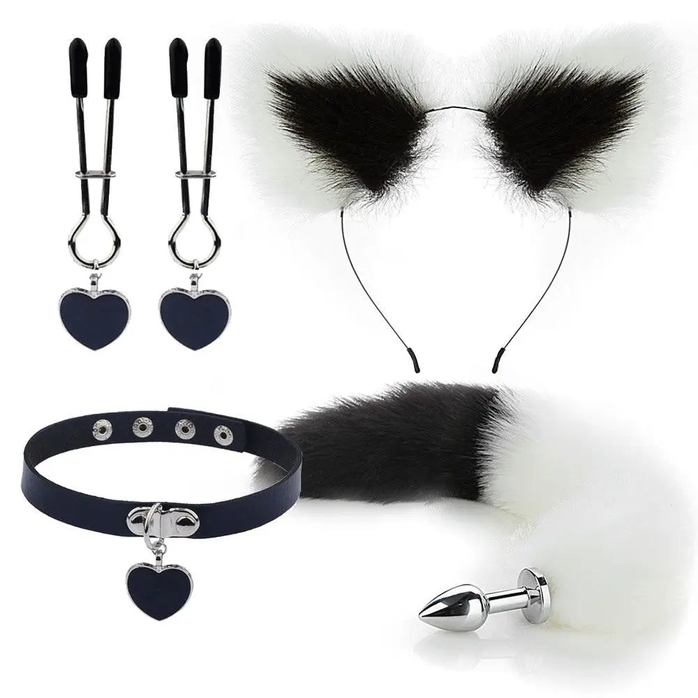 Luxurious Fox Cat Tail Plug Set with Ear Headband and Fuzzy Collar - Cosparty