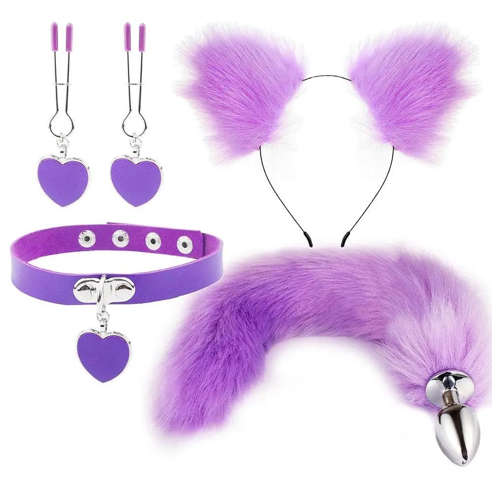 Luxurious Fox Cat Tail Plug Set with Ear Headband and Fuzzy Collar - Cosparty