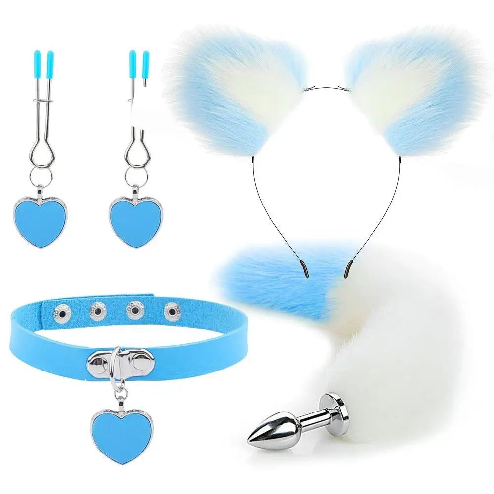 Luxurious Fox Cat Tail Plug Set with Ear Headband and Fuzzy Collar - Cosparty