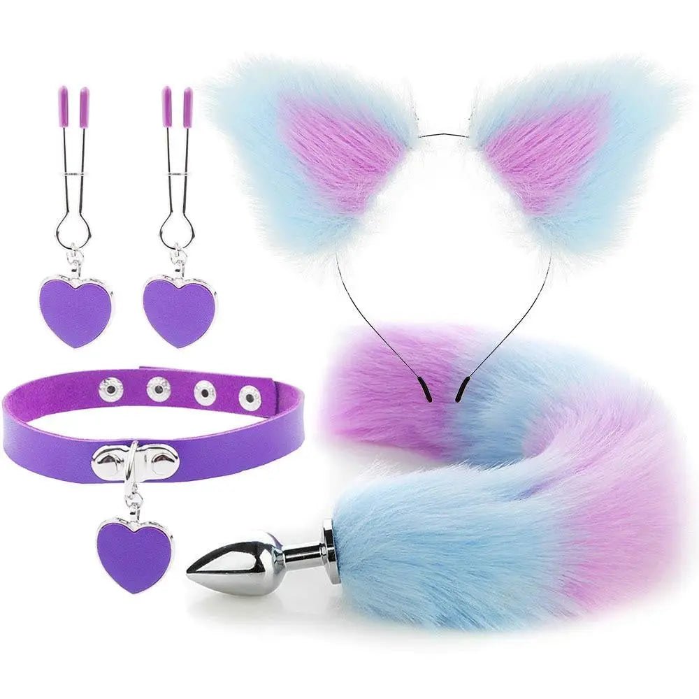 Luxurious Fox Cat Tail Plug Set with Ear Headband and Fuzzy Collar - Cosparty