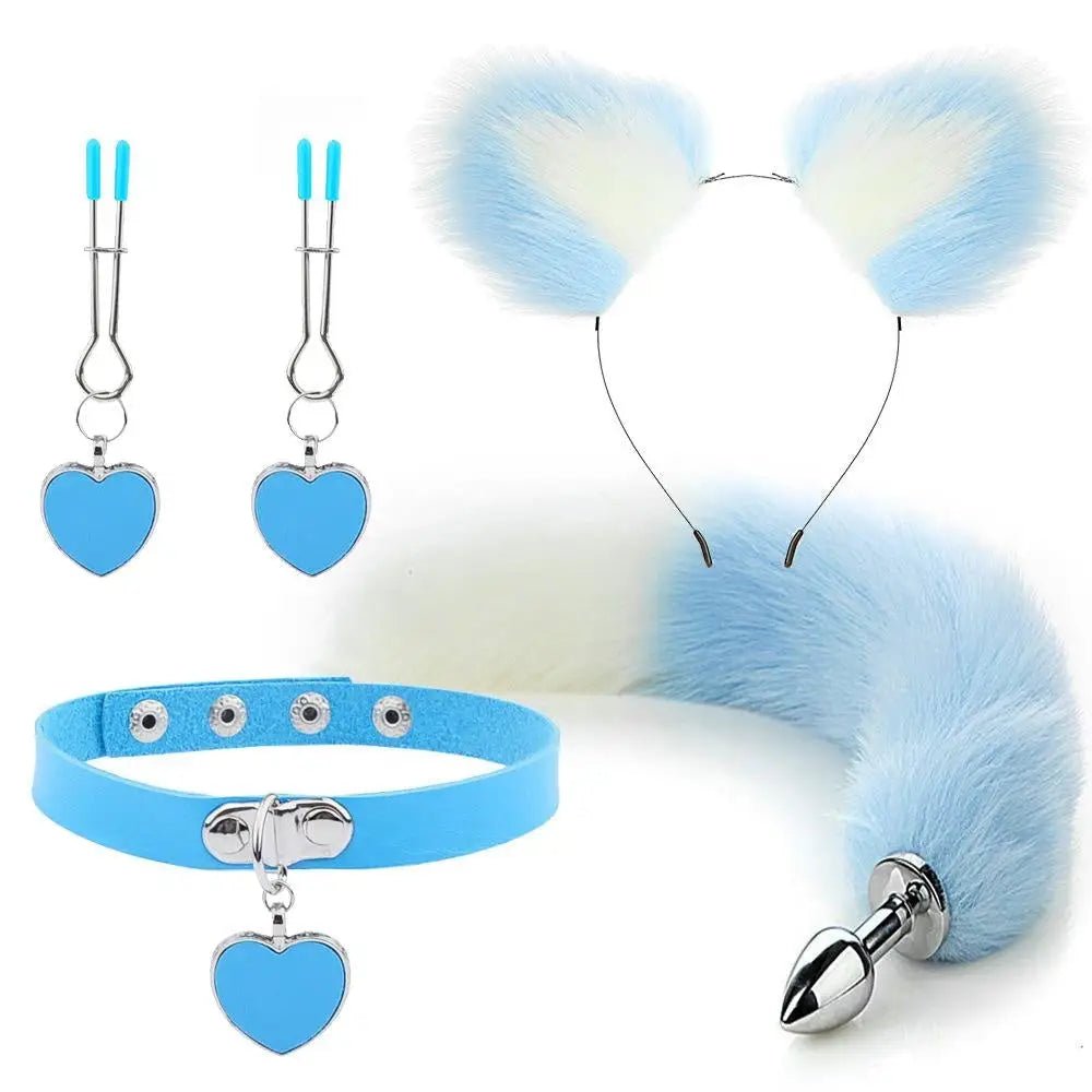 Luxurious Fox Cat Tail Plug Set with Ear Headband and Fuzzy Collar - Cosparty