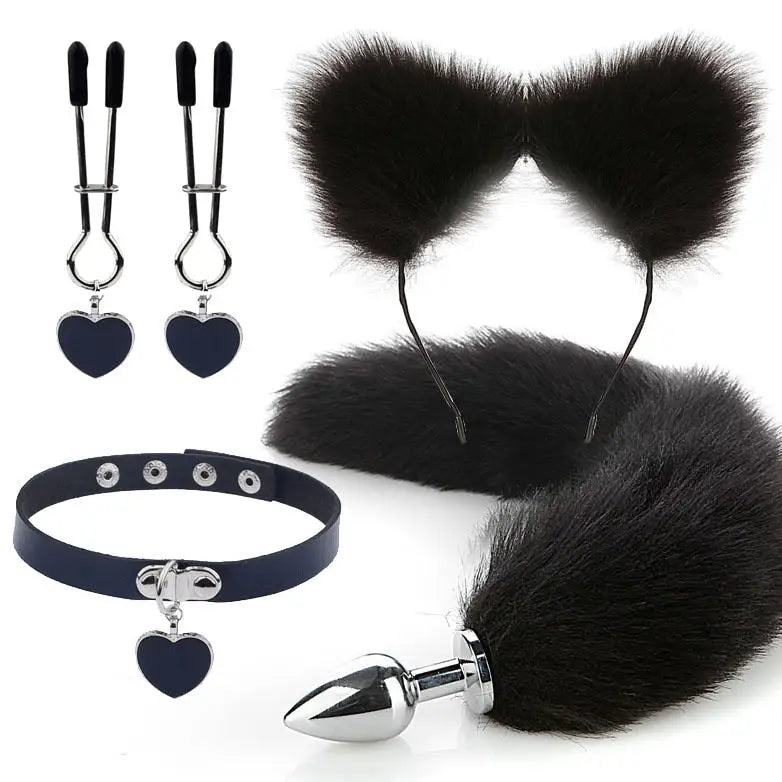 Luxurious Fox Cat Tail Plug Set with Ear Headband and Fuzzy Collar - Costumes