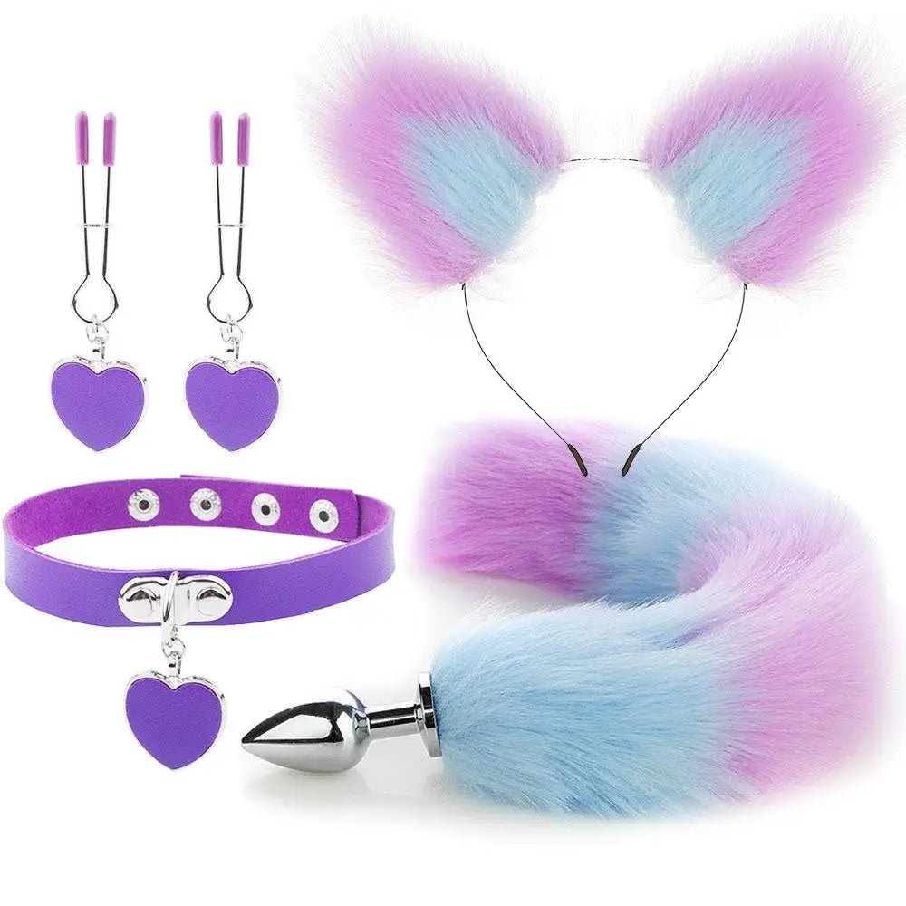 Luxurious Fox Cat Tail Plug Set with Ear Headband and Fuzzy Collar - Cosparty