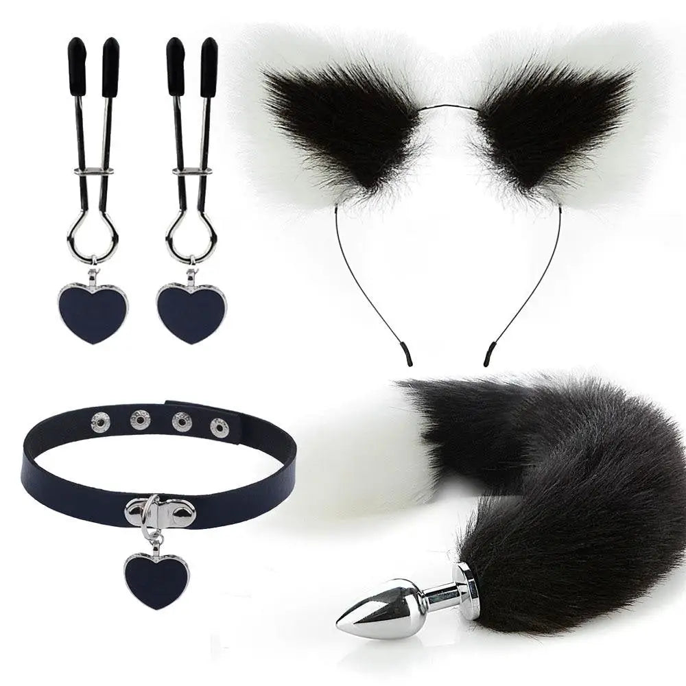 Luxurious Fox Cat Tail Plug Set with Ear Headband and Fuzzy Collar - Cosparty