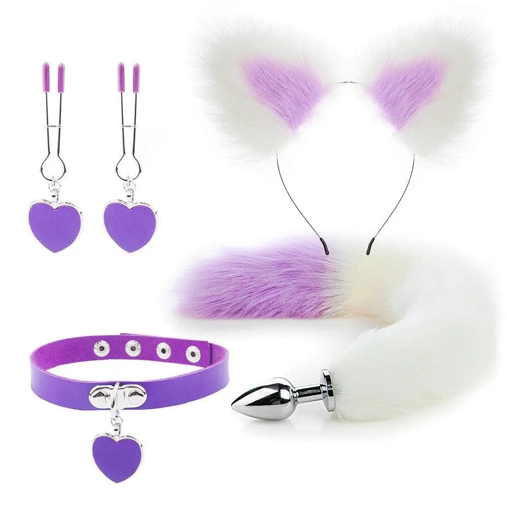Luxurious Fox Cat Tail Plug Set with Ear Headband and Fuzzy Collar - Cosparty