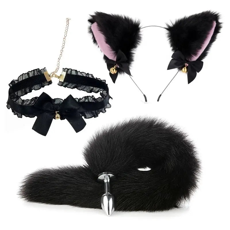 Luxurious Fox Cat Tail Set with Ear Headband and Lace Collar - Cosparty