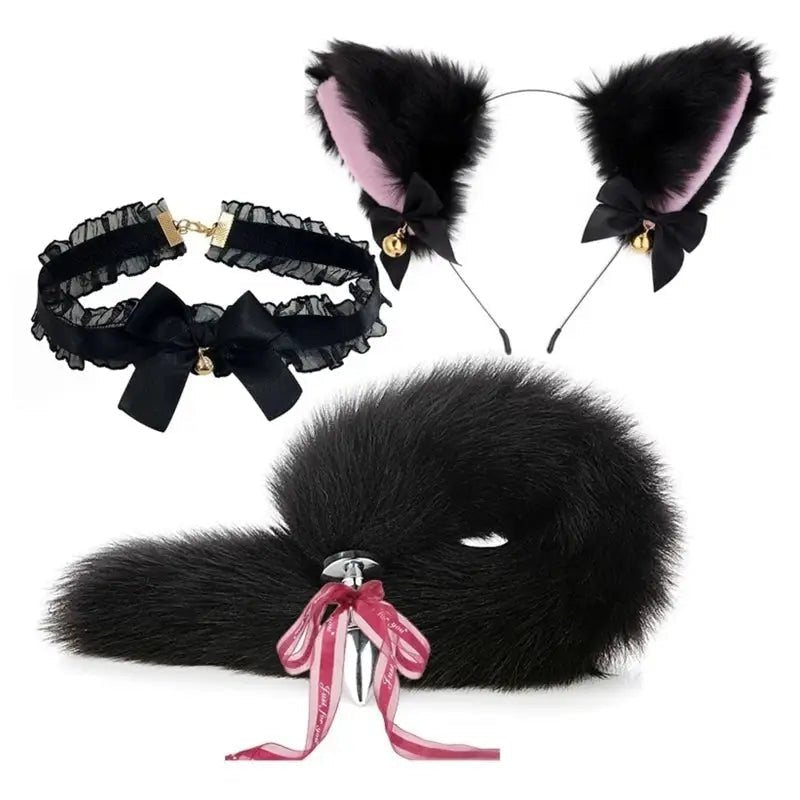 Luxurious Fox Cat Tail Set with Ear Headband and Lace Collar - Cosparty