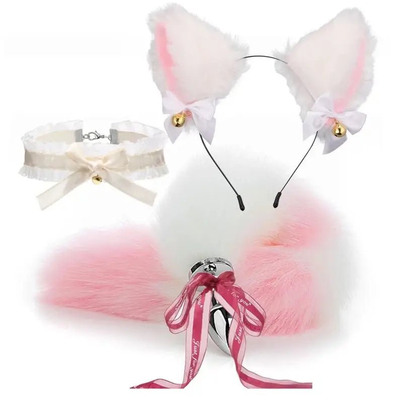 Luxurious Fox Cat Tail Set with Ear Headband and Lace Collar - Cosparty