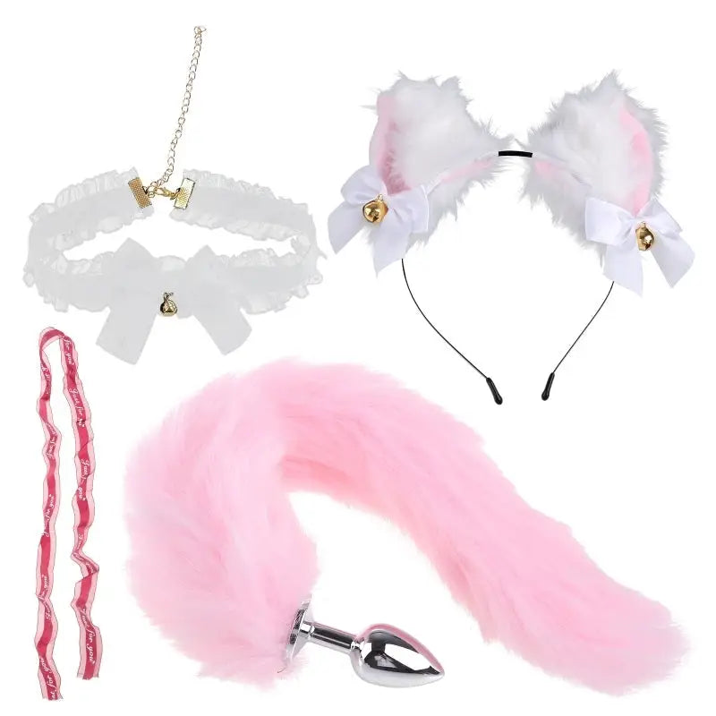 Luxurious Fox Cat Tail Set with Ear Headband and Lace Collar - play set