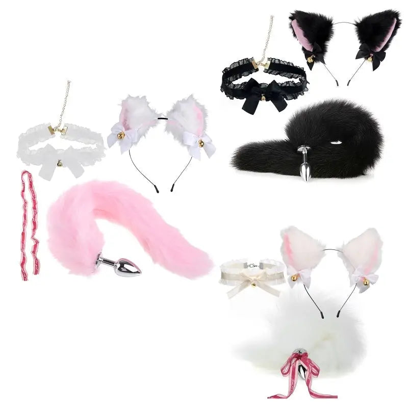 Luxurious Fox Cat Tail Set with Ear Headband and Lace Collar - play set