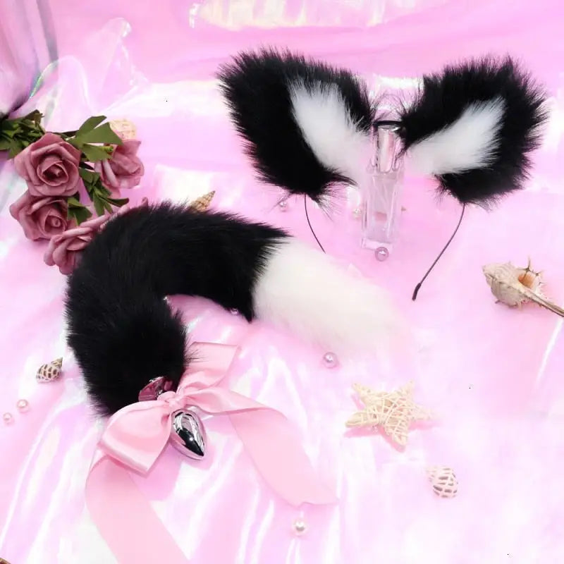 Luxurious Fox Tail Play Set with Handmade Cat Ears and Tail Plug - costume accessories