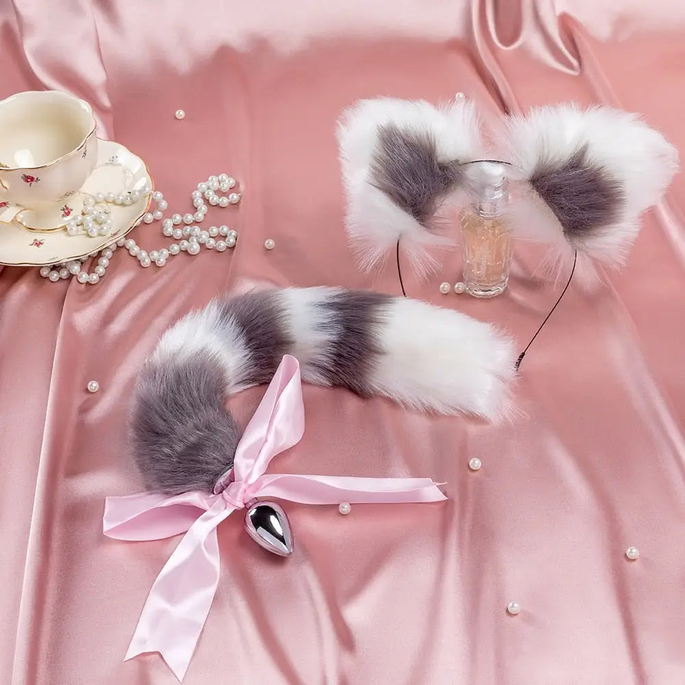 Luxurious Fox Tail Play Set with Handmade Cat Ears and Tail Plug - costume accessories