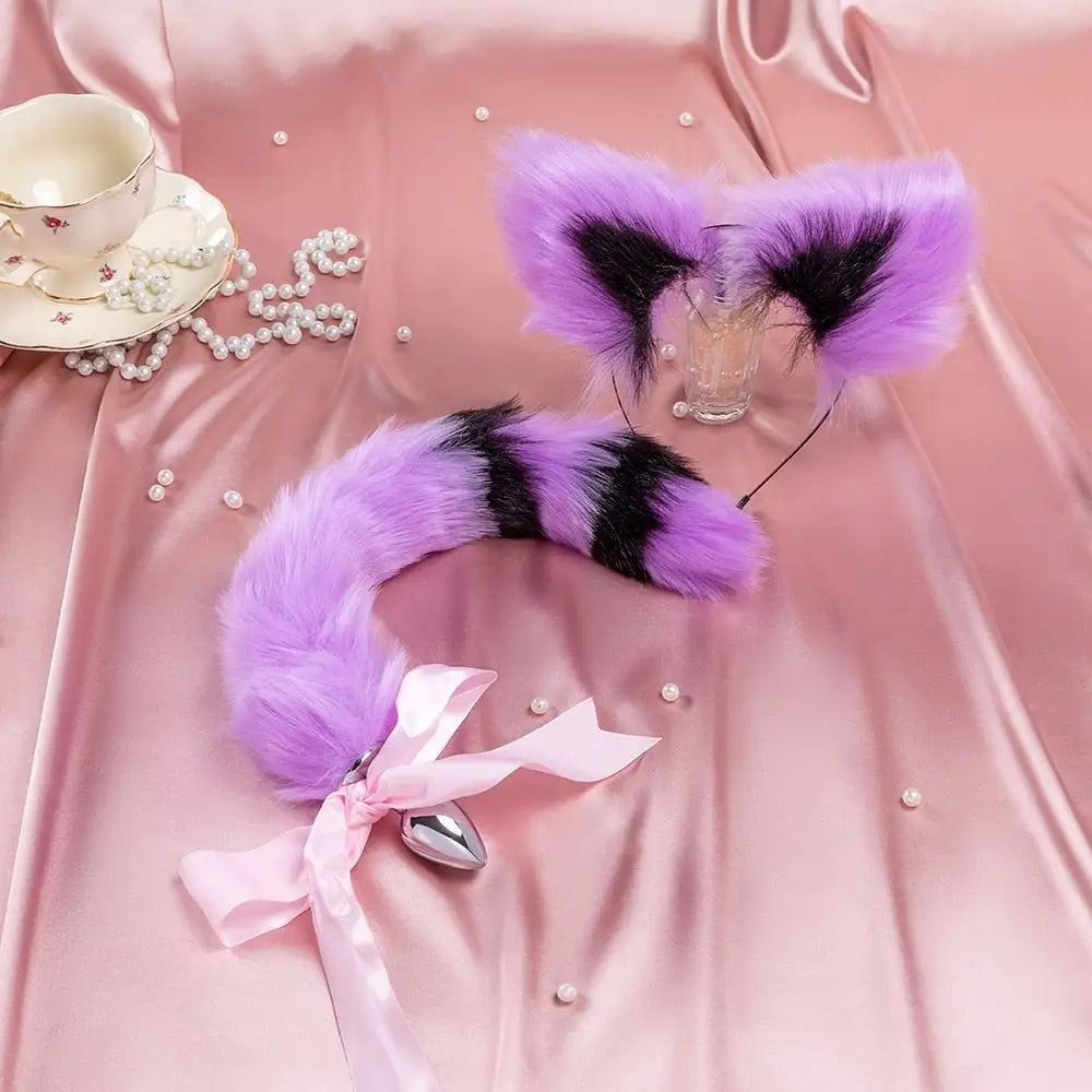 Striped Fluffy Fox Play Set - Purple/Black - cat tail, fox play set, puppy tail plug