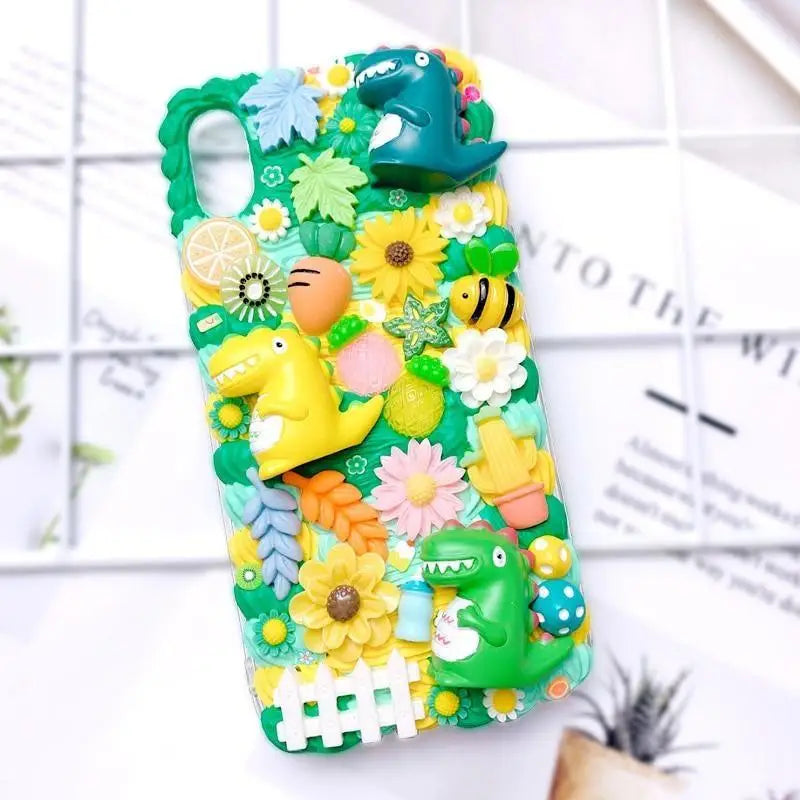 Luxurious Handmade Phone Case with Dinosaurs and Bumble Bees - phone case