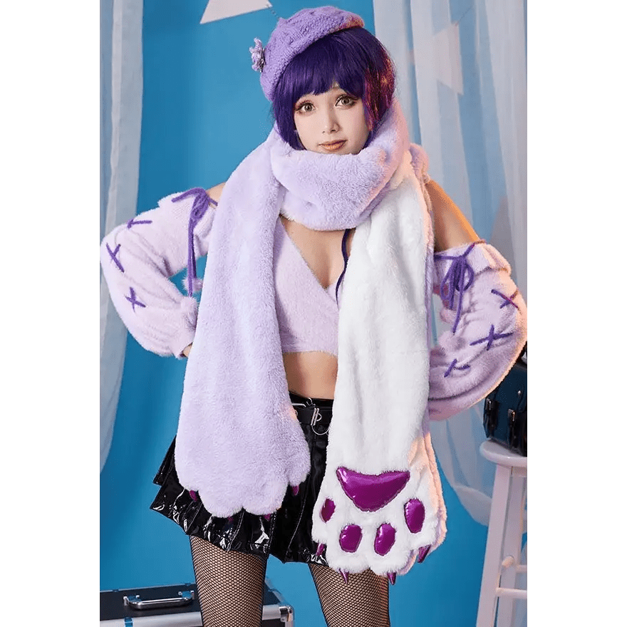 Luxurious Holographic Purple Paw Print Plush Scarf for Kawaii Kittens - Cosparty