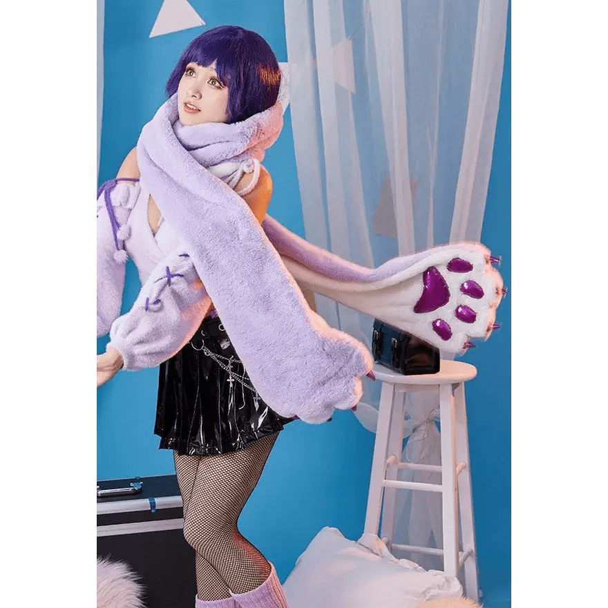 Luxurious Holographic Purple Paw Print Plush Scarf for Kawaii Kittens - Cosparty
