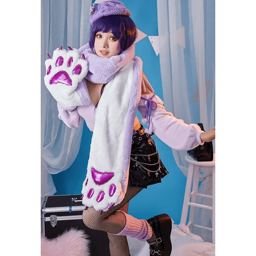 Luxurious Holographic Purple Paw Print Plush Scarf for Kawaii Kittens - Cosparty