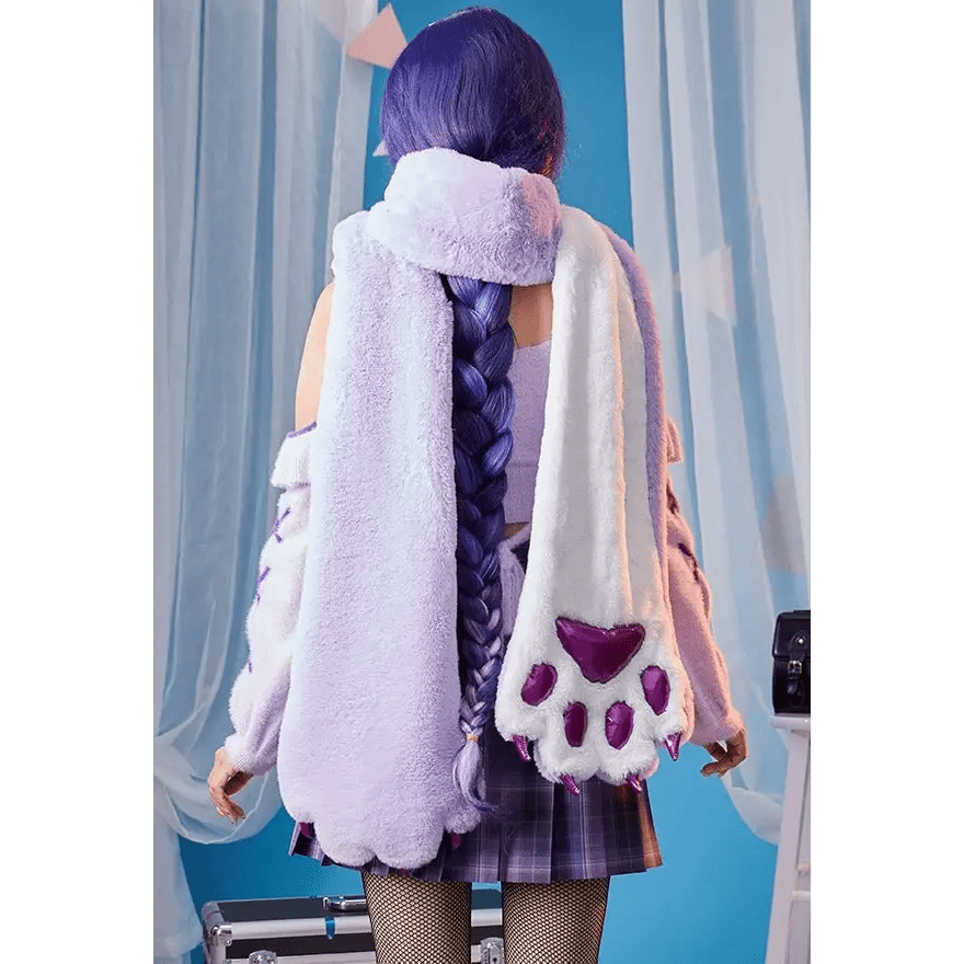Luxurious Holographic Purple Paw Print Plush Scarf for Kawaii Kittens - Cosparty