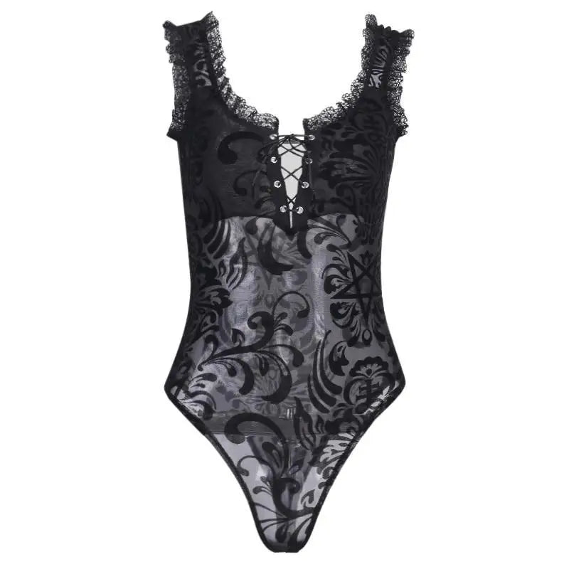 Luxurious Jet Black Goth Bodysuit with Victorian Sheer Detail - Cosparty