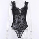 Luxurious Jet Black Goth Bodysuit with Victorian Sheer Detail - Cosparty