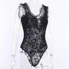 Luxurious Jet Black Goth Bodysuit with Victorian Sheer Detail - Cosparty
