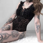 Luxurious Jet Black Goth Bodysuit with Victorian Sheer Detail - Cosparty