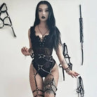 Luxurious Jet Black Goth Bodysuit with Victorian Sheer Detail - Cosparty