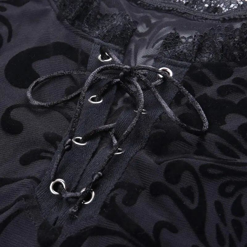 Luxurious Jet Black Goth Bodysuit with Victorian Sheer Detail - Cosparty
