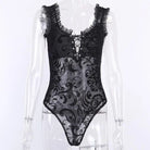 Luxurious Jet Black Goth Bodysuit with Victorian Sheer Detail - onesie