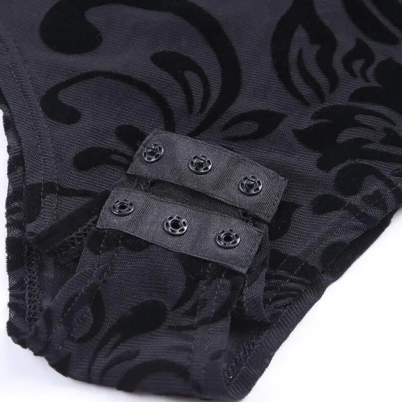 Luxurious Jet Black Goth Bodysuit with Victorian Sheer Detail - Cosparty