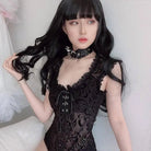Luxurious Jet Black Goth Bodysuit with Victorian Sheer Detail - Cosparty