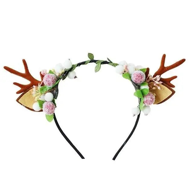 Handmade Reindeer Antlers - Green & White Foilage - headband